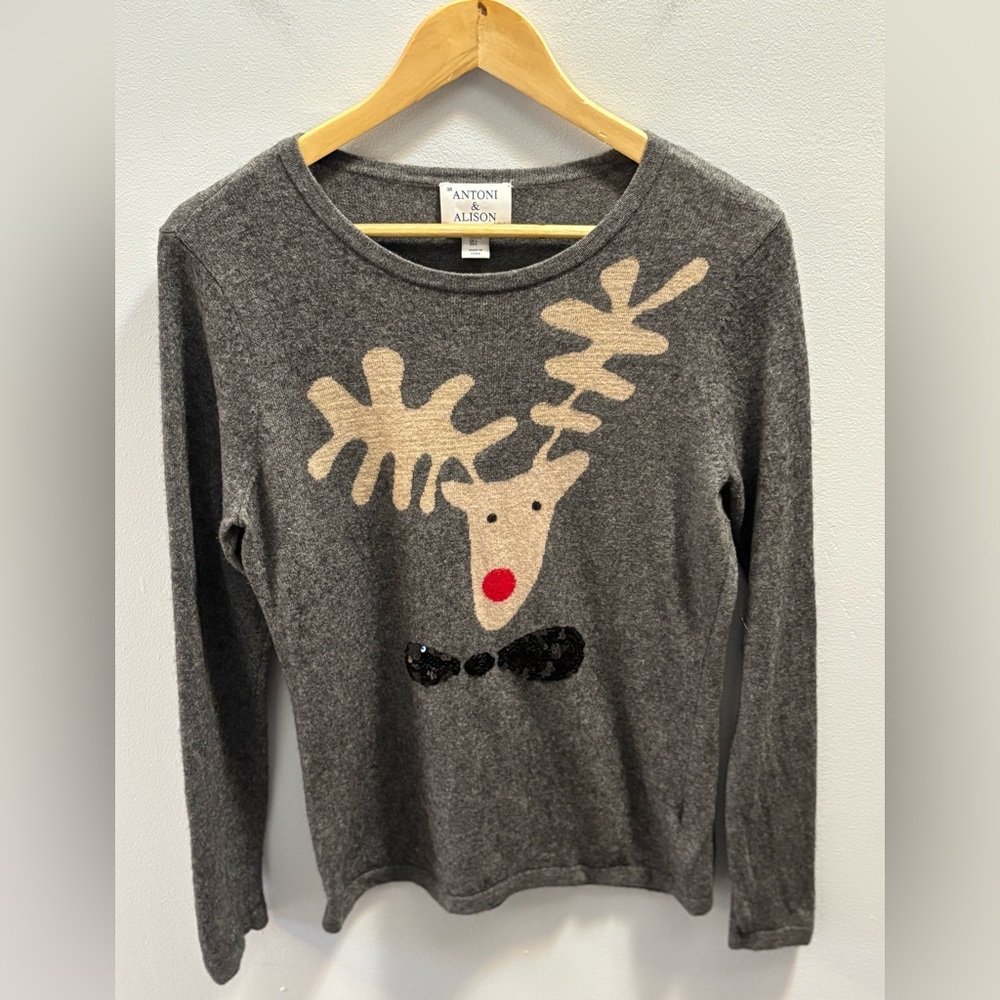 ANTONI & ALISON Lambs Wool & Cashmere Blend Grey Reindeer Sweater L Sequins Bow